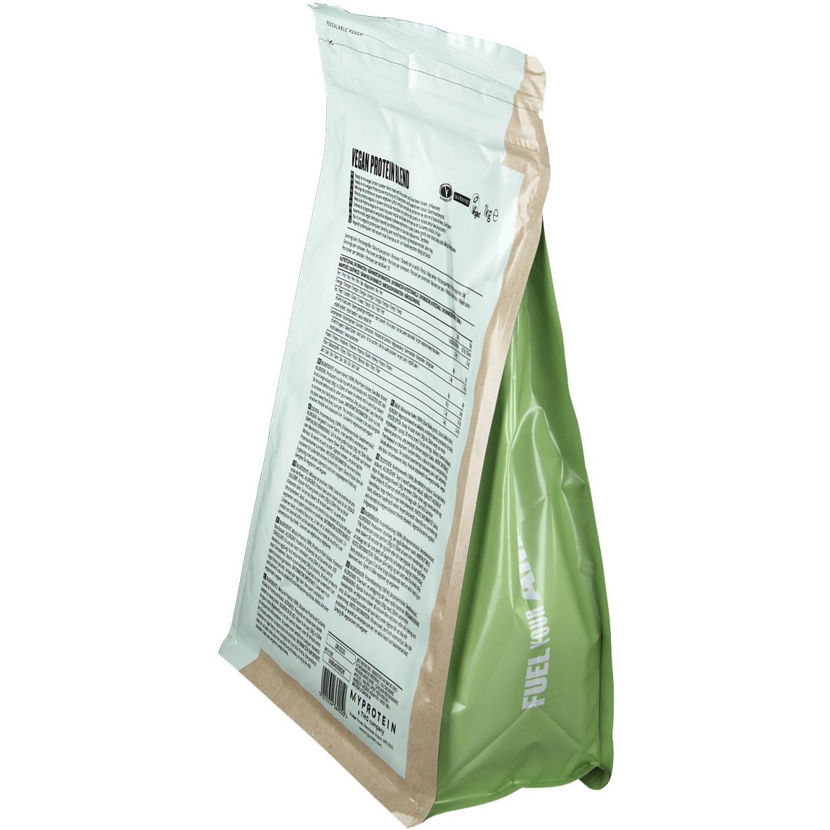 Sacchetto Myprotein Vegan Protein Blend visto da dietro a sinistra. Scritta "Fuel Your Ambition".