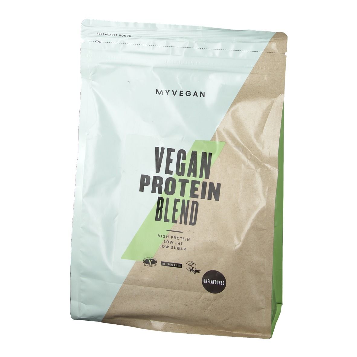 Sacchetto Myprotein Vegan Protein Blend con loghi "Gluten Free" e "Vegan".