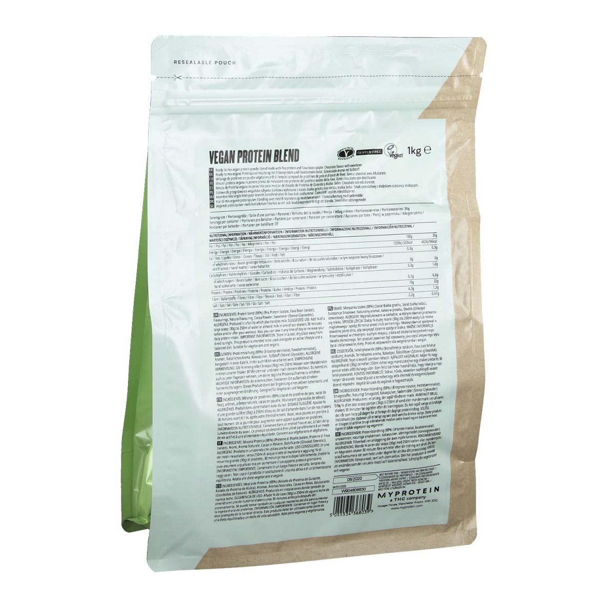 Retro della busta Myvegan Vegan Protein Blend. Contiene informazioni nutrizionali ed elenchi di ingredienti. 1 kg.