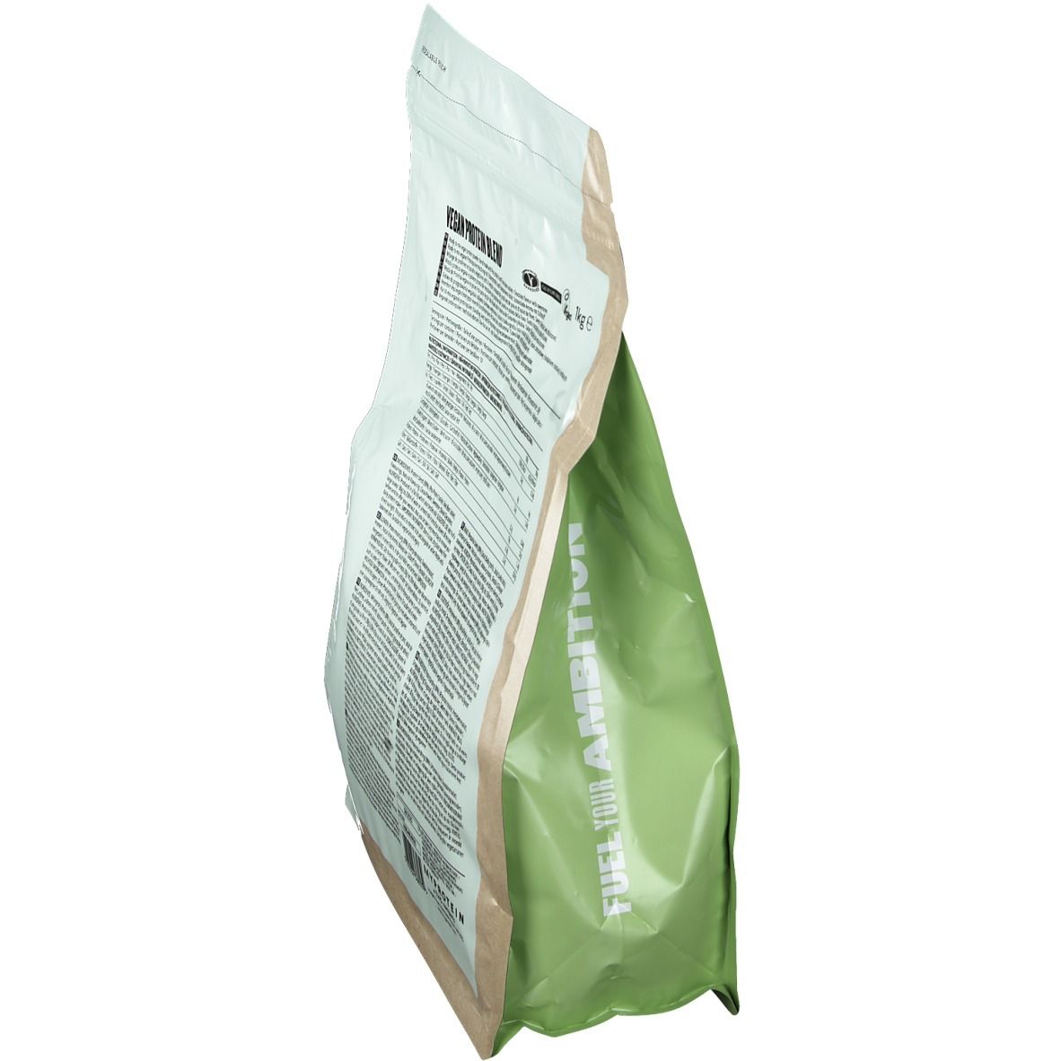 Vista laterale della busta Myvegan Vegan Protein Blend. Testo: Fuel Your Ambition. Contiene informazioni nutrizionali.