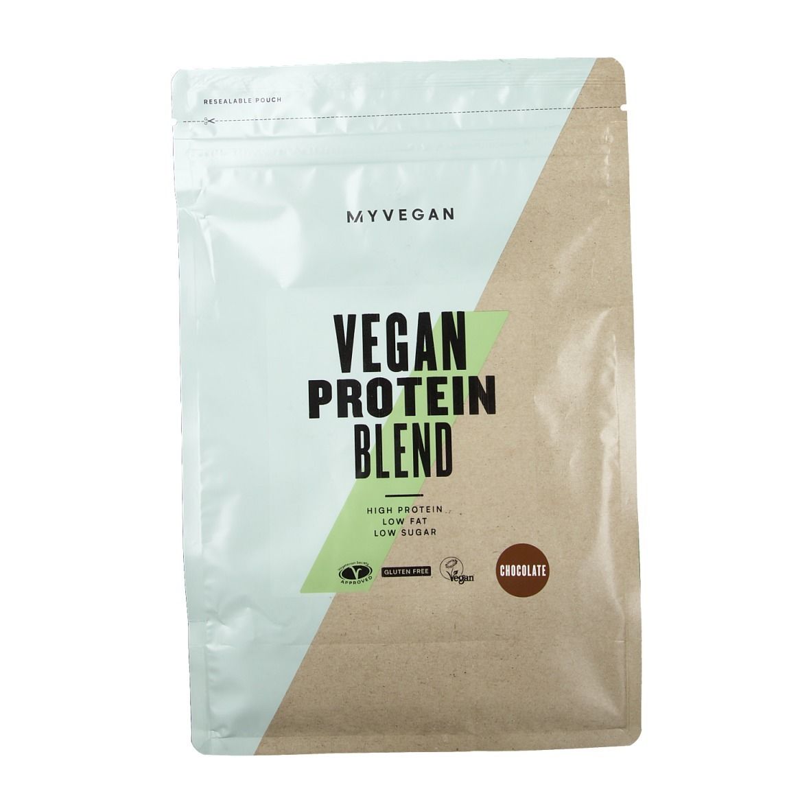 Busta Myvegan Vegan Protein Blend. Scritta: Vegan Protein Blend, cioccolato. Senza glutine, vegano.