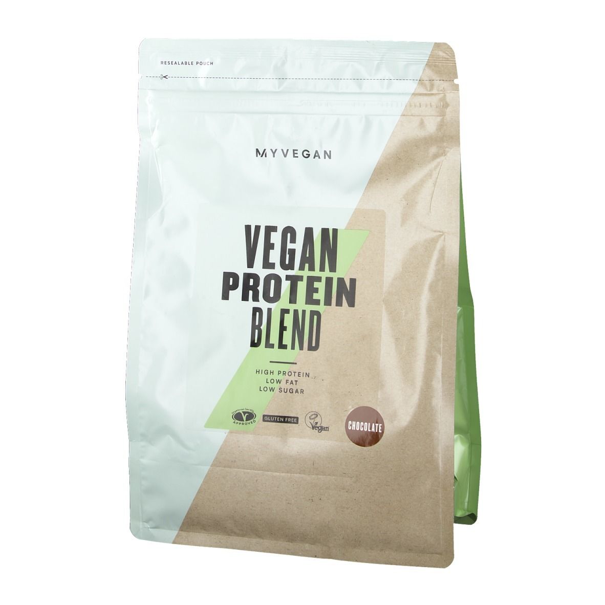 Busta Myvegan Vegan Protein Blend. Scritta: Vegan Protein Blend, cioccolato. Senza glutine, vegano.