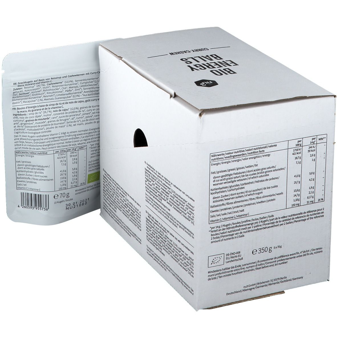 Confezione in cartone aperta con busta. Stampe con informazioni nutrizionali e ingredienti. Busta con informazioni sul prodotto.