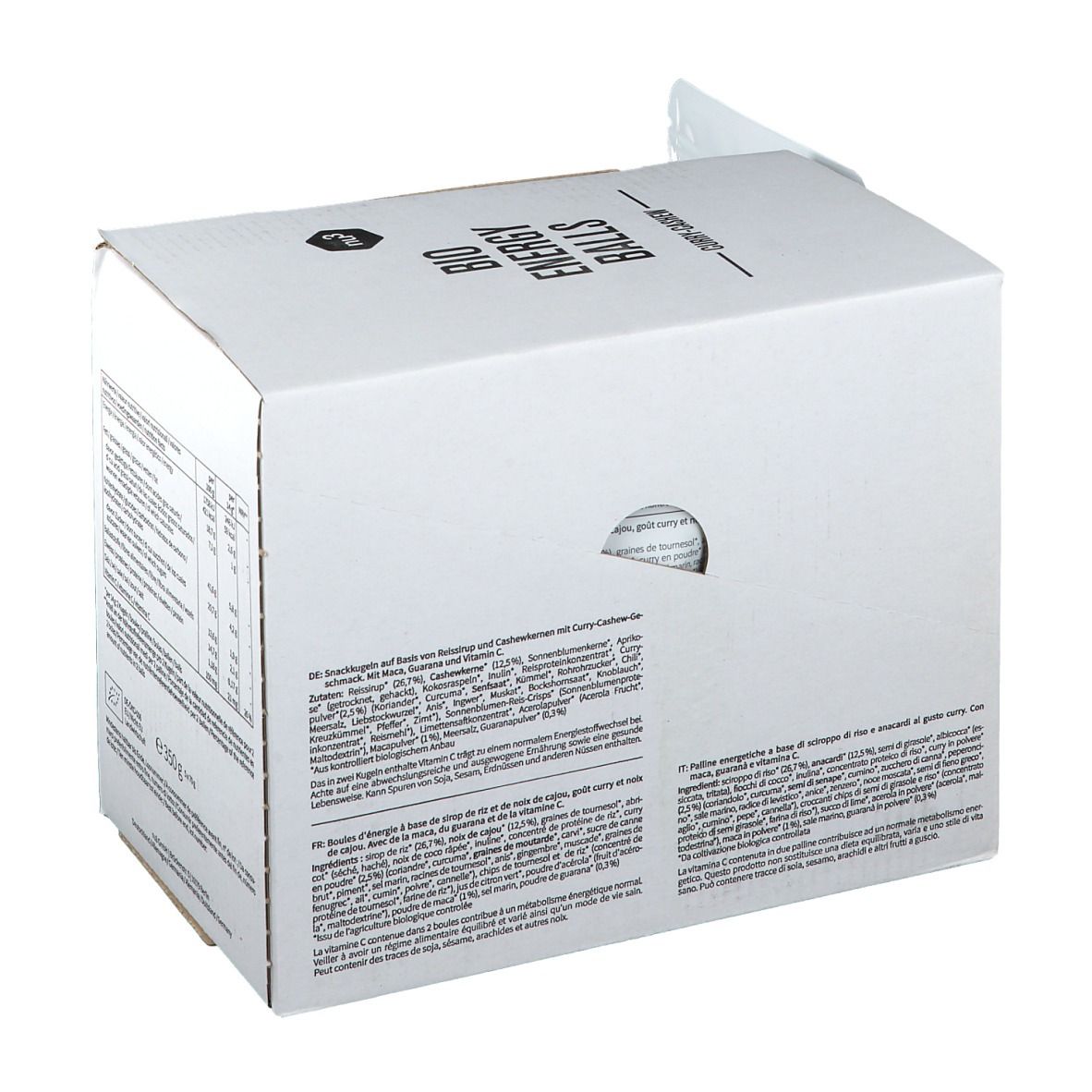 Retro di una confezione in cartone bianco con testo. Contiene informazioni nutrizionali ed elenchi di ingredienti. Foro per la maniglia.