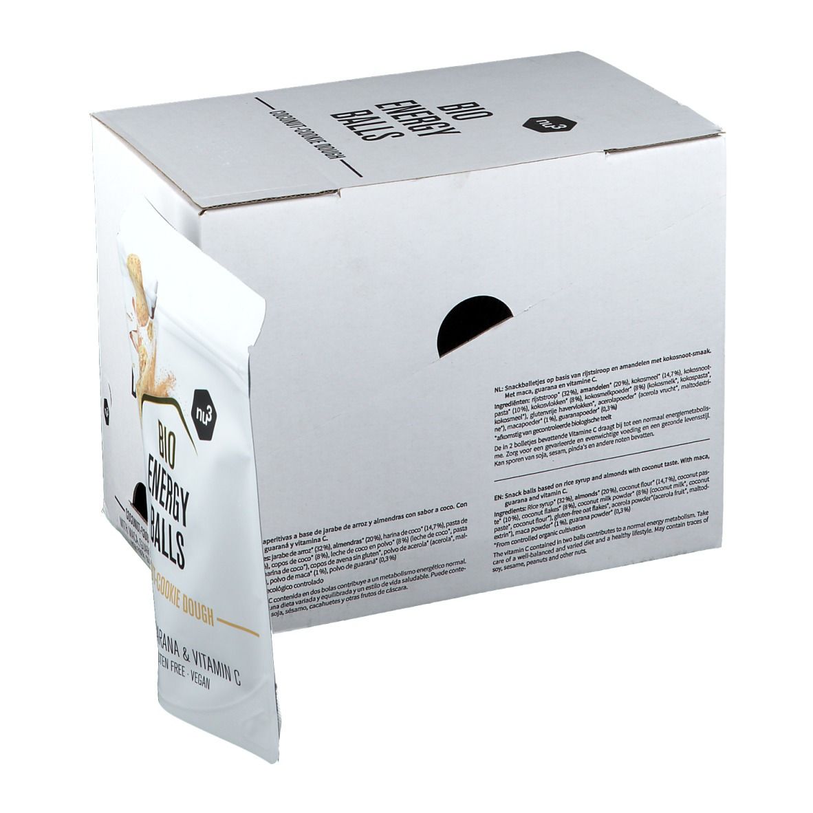 Confezione in cartone con patta parzialmente aperta. Scritta "BIO ENERGY BALLS" e nome del prodotto. Accanto, un sacchetto di prodotto aperto. Testo: "Coconut-Cookie Dough", "Maca, Guarana & Vitamin C".