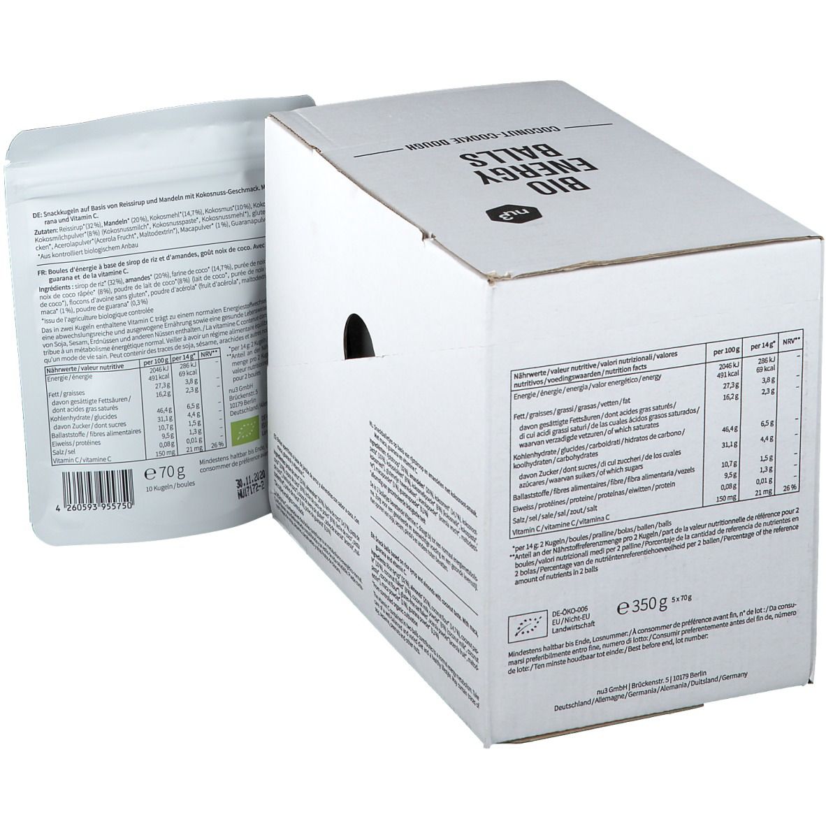 Confezione in cartone con sacchetto di prodotto accanto. Scritte: "BIO ENERGY BALLS", informazioni nutrizionali, elenco ingredienti. Sacchetto di prodotto con testo: "Coconut-Cookie Dough", "Maca, Guarana & Vitamin C".