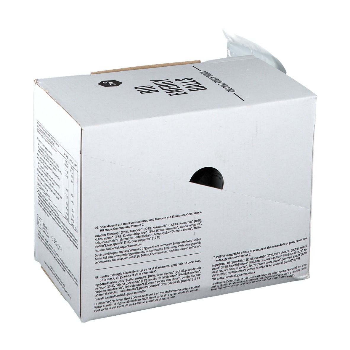 Confezione in cartone con scritta "BIO ENERGY BALLS". Retro con testo e informazioni nutrizionali. Scritte: "Coconut-Cookie Dough", "Maca, Guarana & Vitamin C".