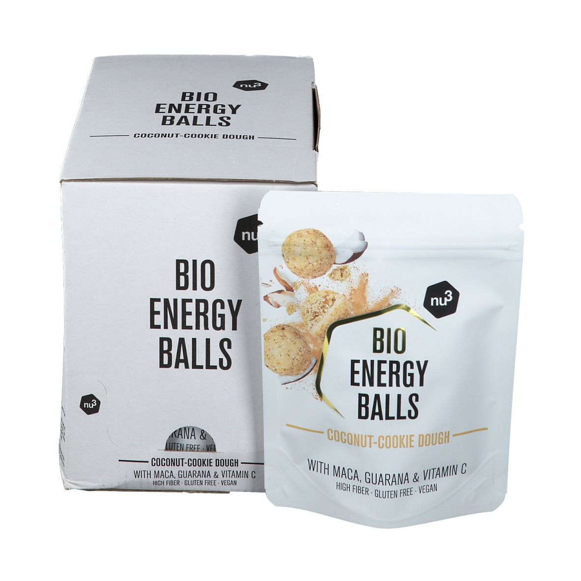 Confezione in cartone e sacchetto del prodotto. Scritte: "BIO ENERGY BALLS", "Coconut-Cookie Dough", "Maca, Guarana & Vitamin C". Immagine del prodotto sul sacchetto.