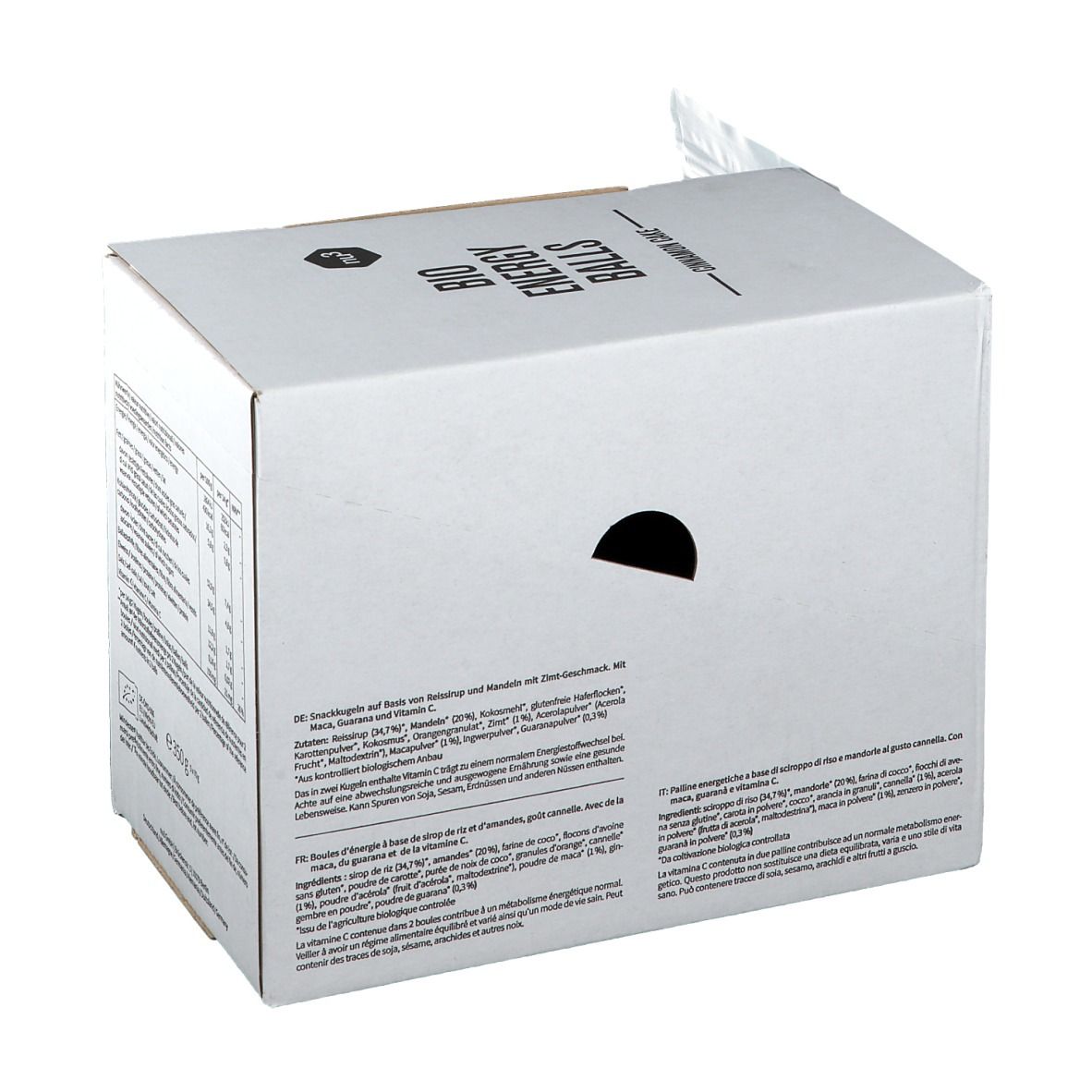 Confezione in cartone bianco con scritta "BIO ENERGY BALLS". Retro con informazioni sul prodotto e tabella nutrizionale. Scritte in più lingue.
