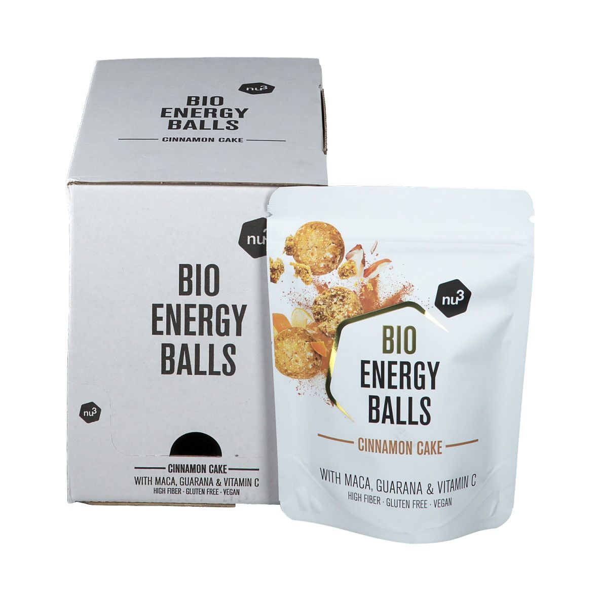 Confezione del prodotto con "BIO ENERGY BALLS Cinnamon Cake". Scritte con nome del prodotto, ingredienti e logo. Confezione bianca con illustrazione del prodotto.