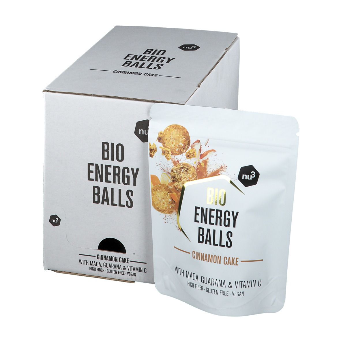 Confezione del prodotto con "BIO ENERGY BALLS Cinnamon Cake". Scritte con nome del prodotto, ingredienti e logo. Confezione bianca con illustrazione del prodotto.