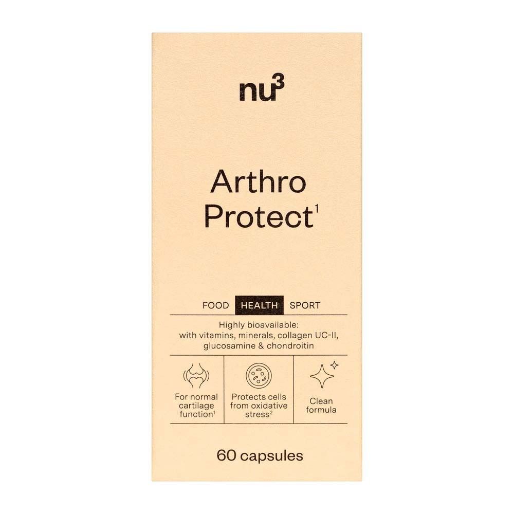Confezione in cartone beige. Scritta: nu3, Arthro Protect, 60 capsule. FOOD, HEALTH, SPORT. Illustrazioni: funzione cartilaginea, stress ossidativo, formula pulita.