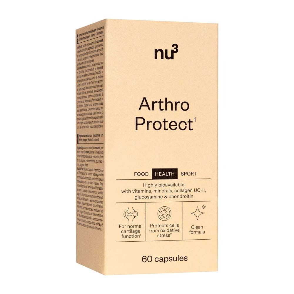 Confezione in cartone beige. Scritta: nu3, Arthro Protect, 60 capsule. FOOD, HEALTH, SPORT. Illustrazioni: funzione cartilaginea, stress ossidativo, formula pulita.