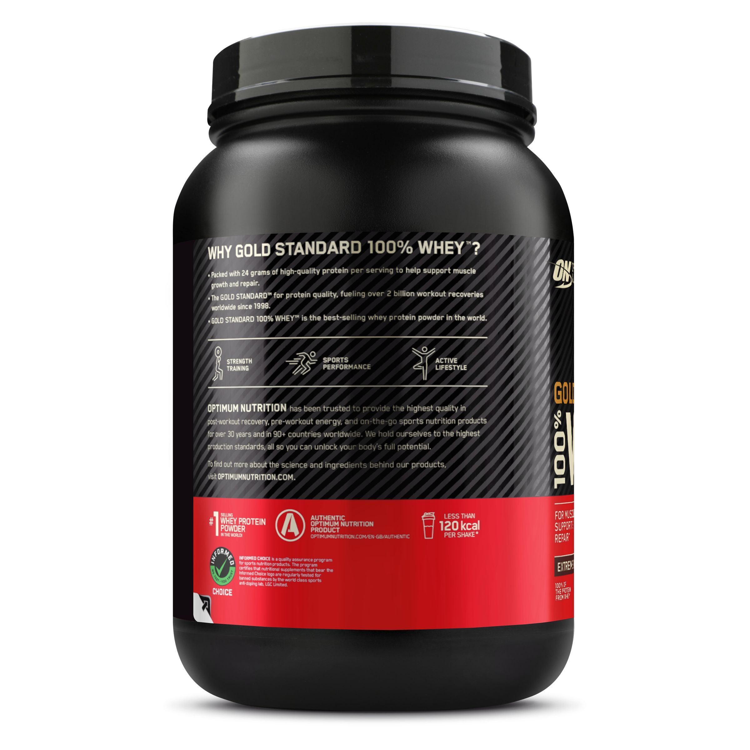 Retro di un contenitore nero di Optimum Nutrition Gold Standard 100% Whey Protein.