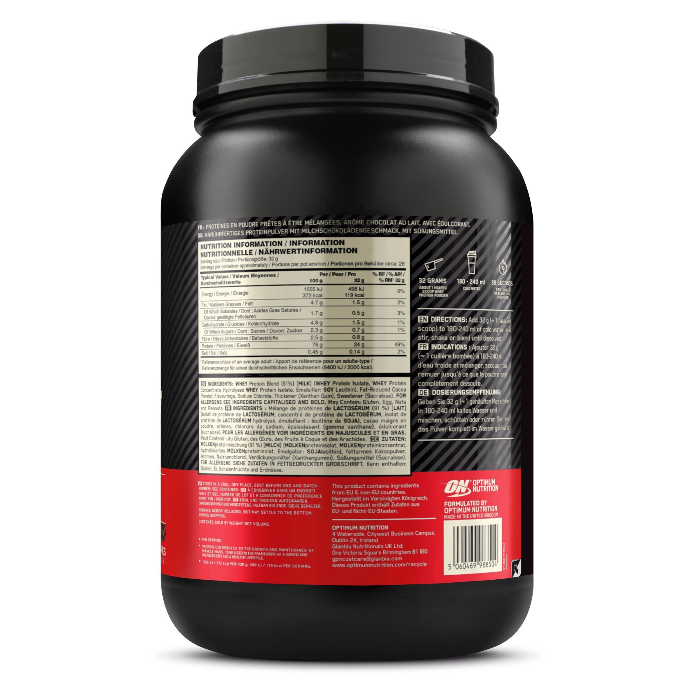 Retro di un contenitore nero di Optimum Nutrition Gold Standard 100% Whey Protein con informazioni nutrizionali.