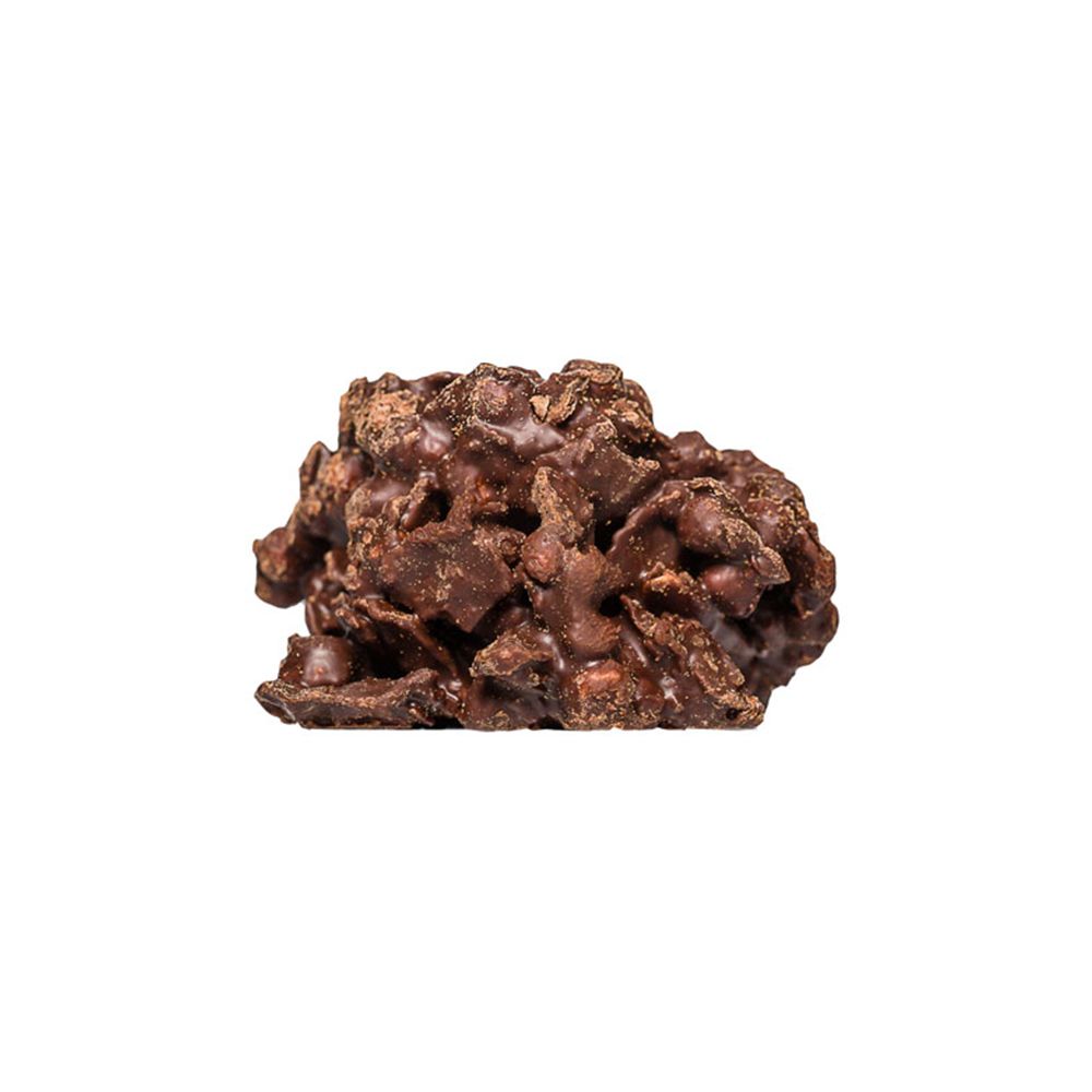 Primo piano di un Protein Crossie. Rivestimento al cioccolato dalla forma irregolare.