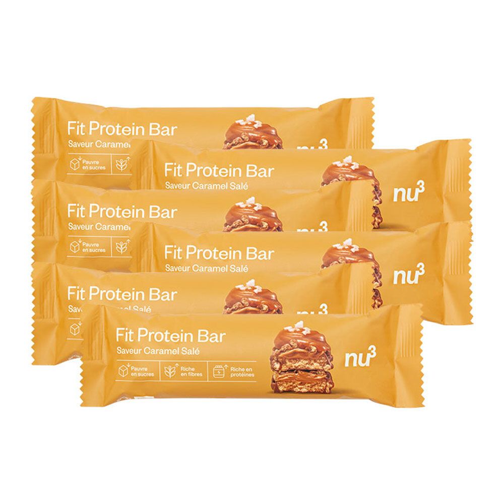 Diverse barrette proteiche in confezione dorata. Scritta: Fit Protein Bar, Caramel Salé, logo nu3.