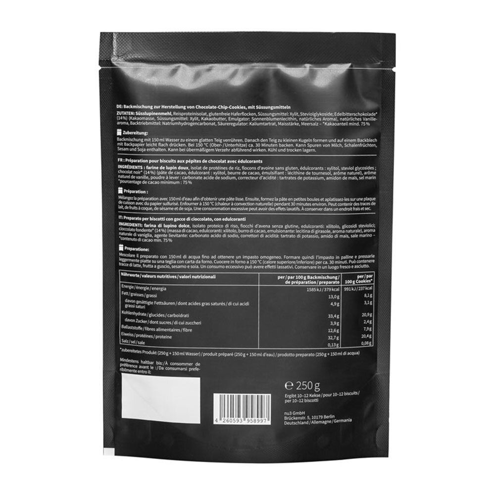 Retro della confezione con elenco ingredienti e informazioni nutrizionali. Testo in tedesco, francese e italiano. Confezione da 250g.