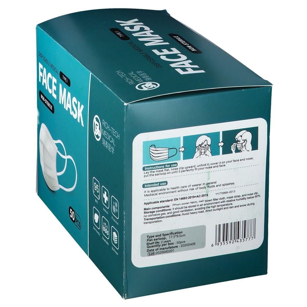 Confezione di mascherine. Scritta: FACE MASK, NON-STERILE. Marchio: RICH-TECH MEDICAL. 50 pezzi. Dispositivo medico. Istruzioni per l'uso.