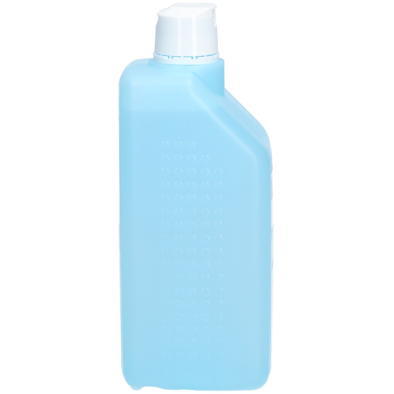 Flacone azzurro chiaro con tappo bianco. Sul lato sono presenti indicazioni di misura in ml. Il flacone è leggermente squadrato.