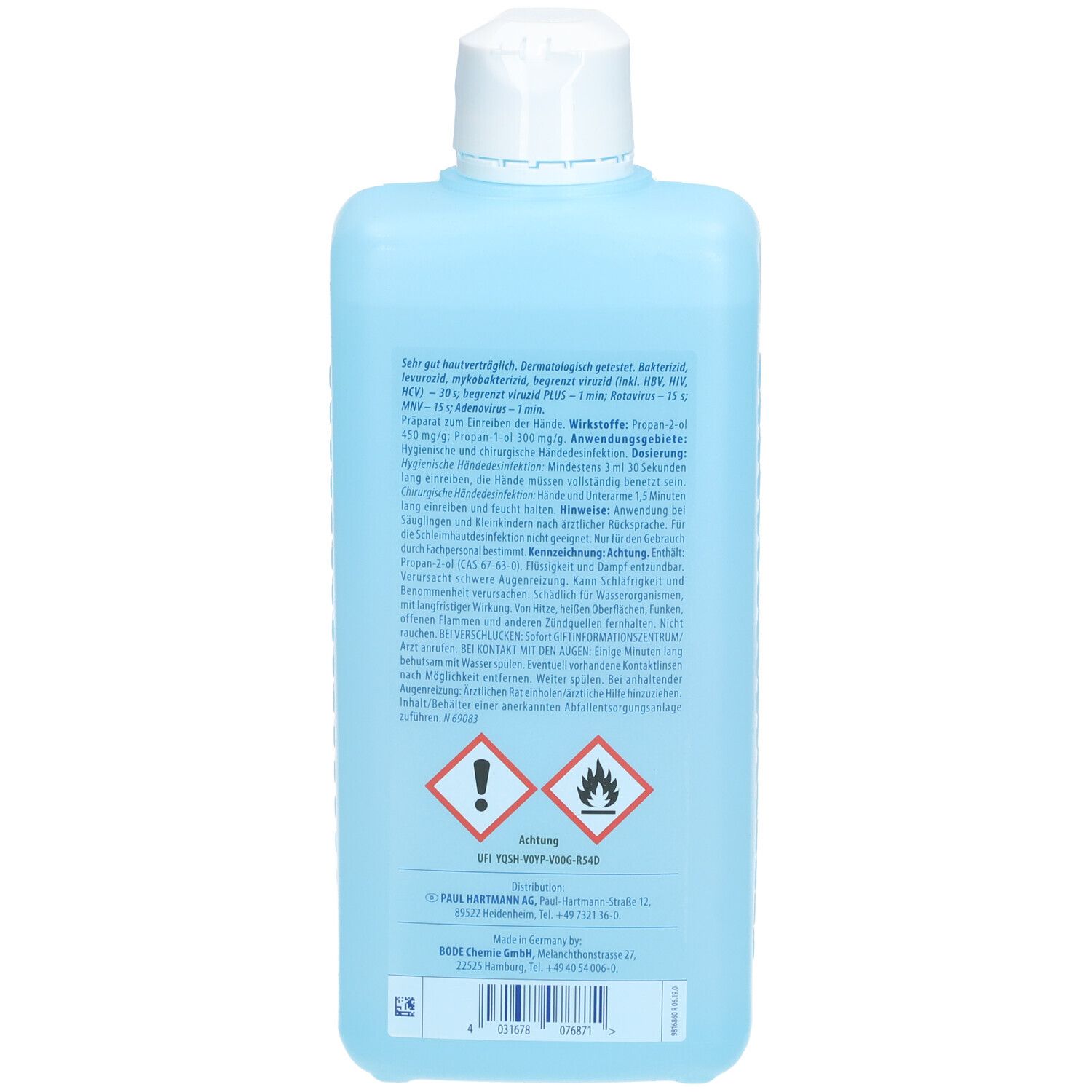 Retro di un flacone azzurro chiaro. Testo con ingredienti e avvertenze. Simboli di pericolo: punto esclamativo e fiamma.