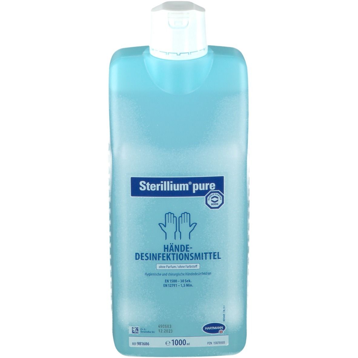 Flacone azzurro chiaro con tappo bianco. Scritta: Sterillium pure, disinfettante per le mani. Logo e indicazione della quantità.