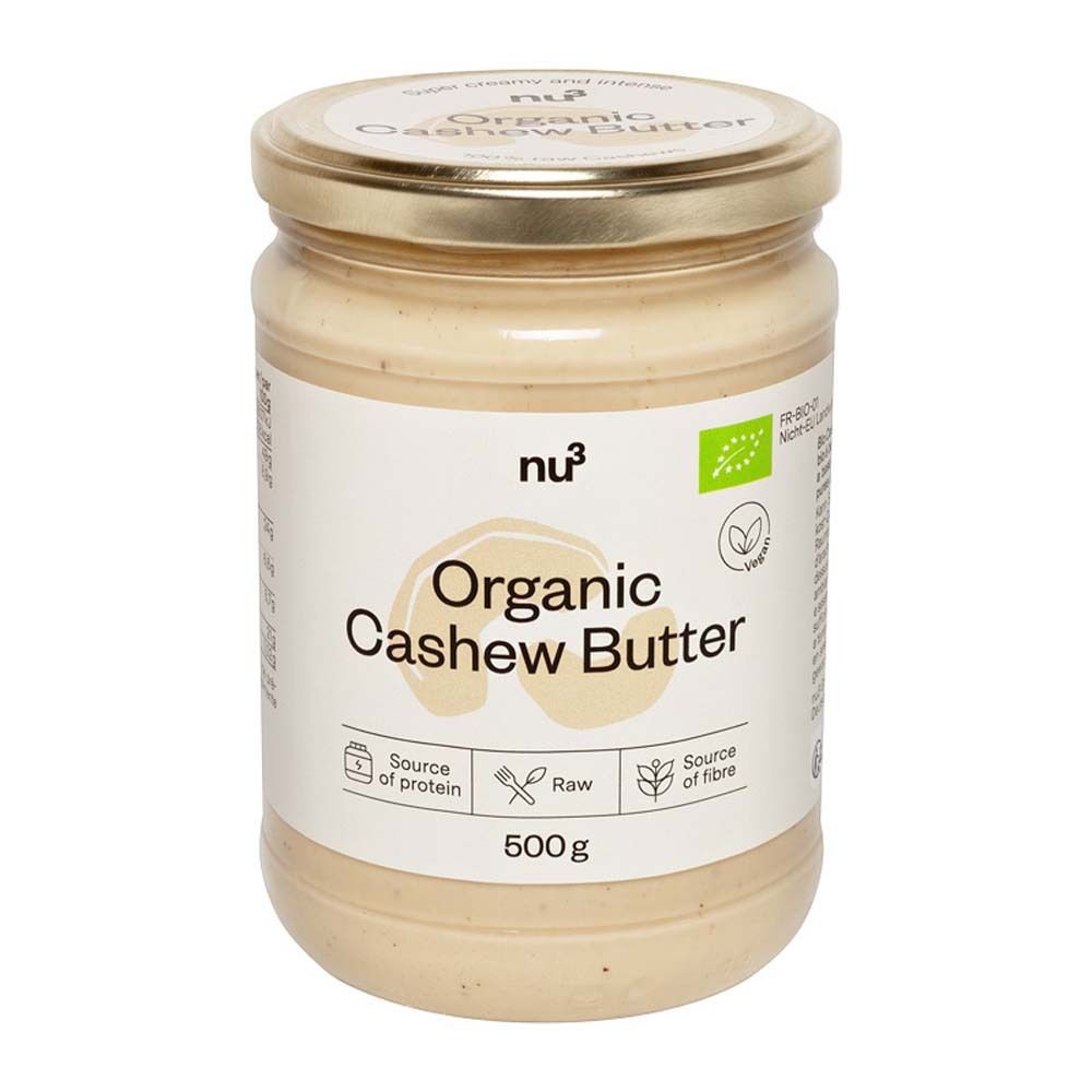 Vasetto di nu3 Organic Cashew Butter. Scritta: Organic Cashew Butter, 500g, fonte di proteine e fibre.