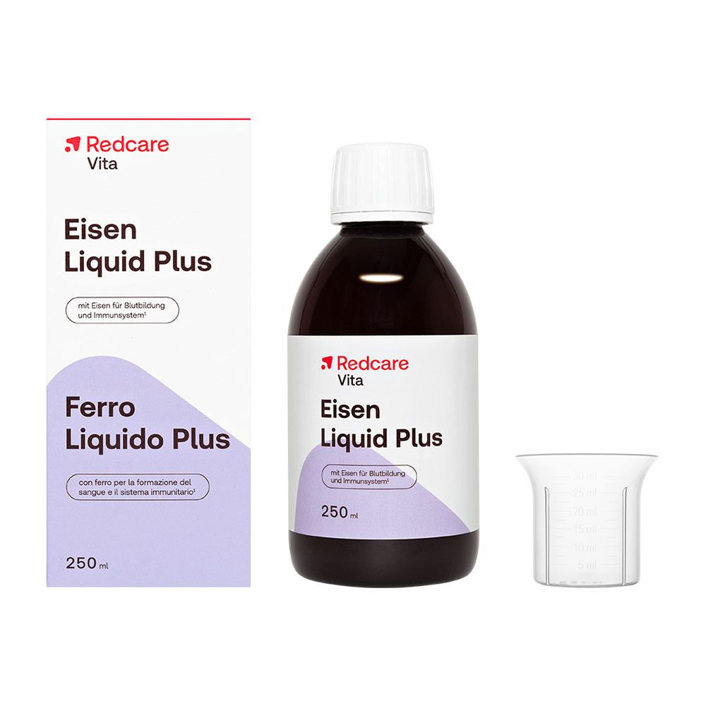 Bottiglia Redcare Vita Eisen Liquid Plus (250ml) con misurino e scatola pieghevole.