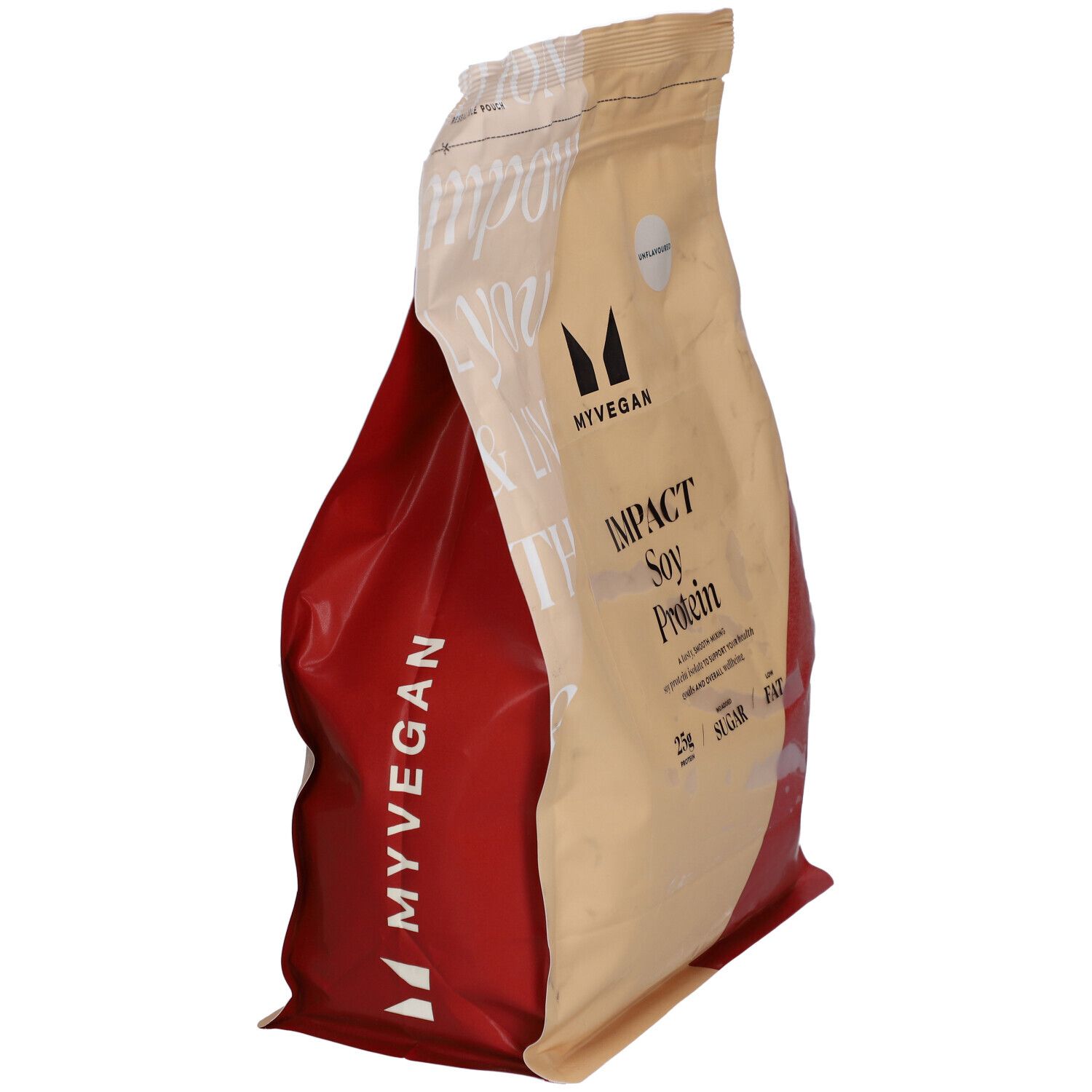 Busta beige e rossa. Stampa: MYVEGAN, IMPACT Soy Protein. Visibile: 25g proteine, senza sapore.