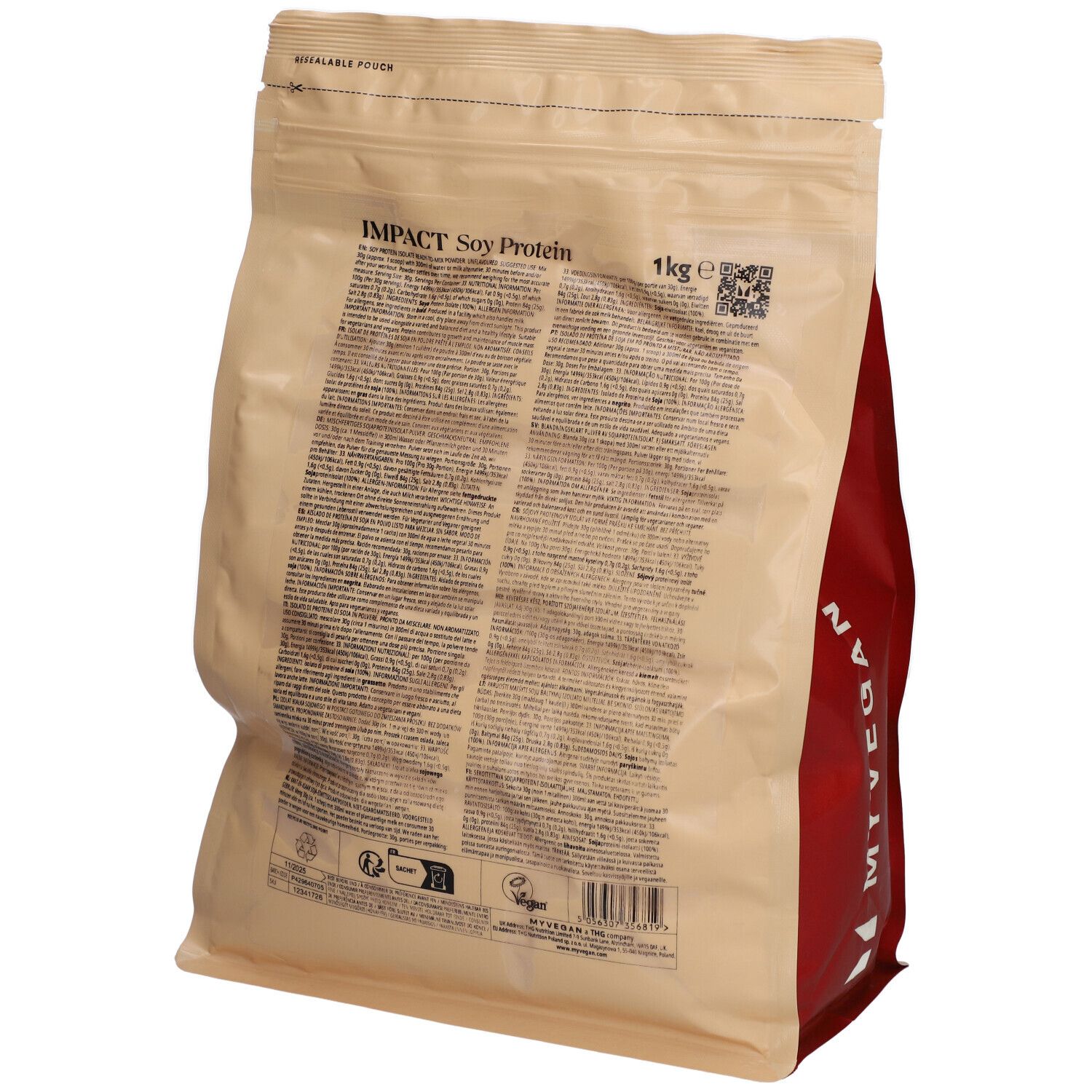 Retro di una busta beige con accento rosso. Stampa: IMPACT Soy Protein, 1kg. Testo multilingue.