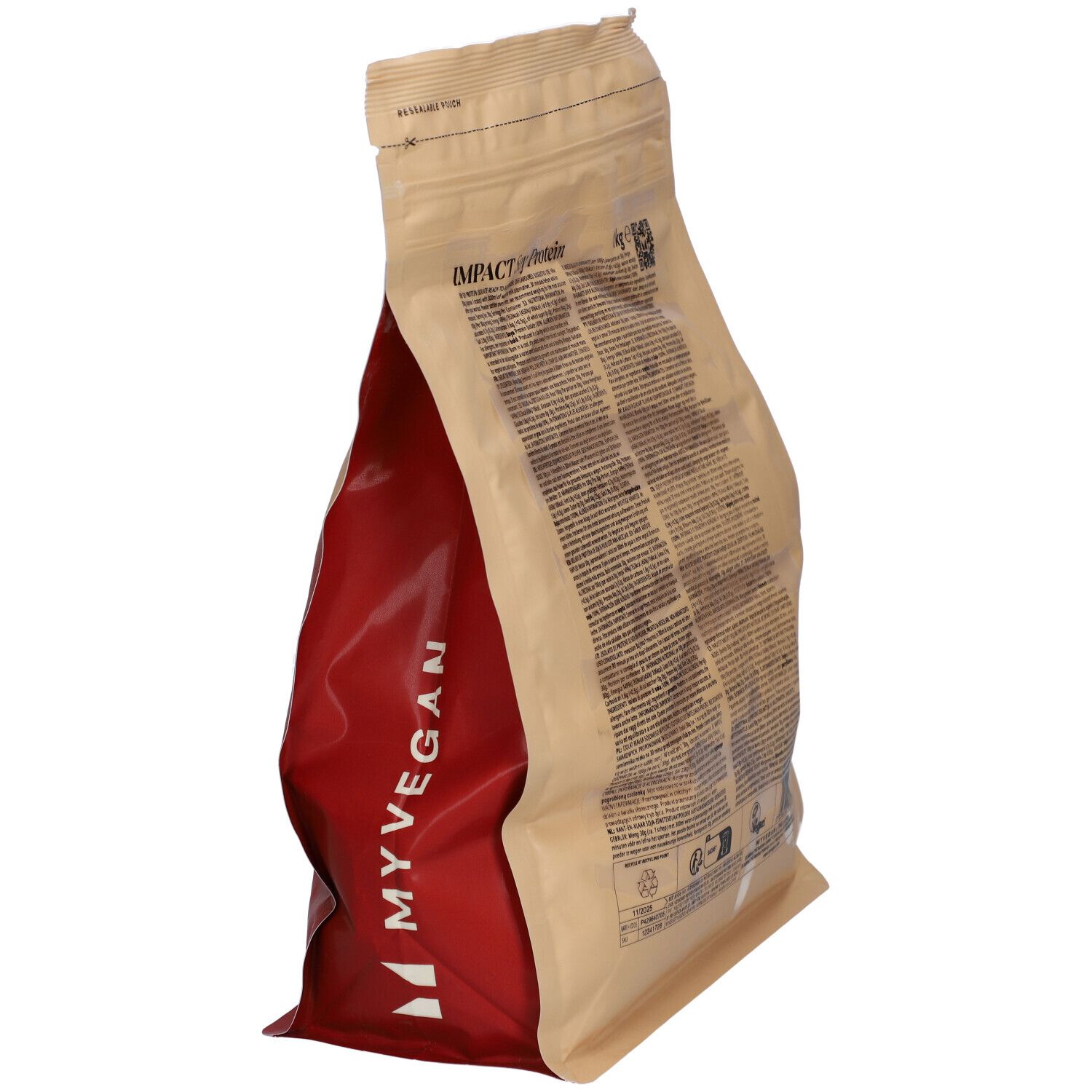 Busta beige e rossa. Stampa: MYVEGAN, IMPACT Soy Protein. Testo multilingue.