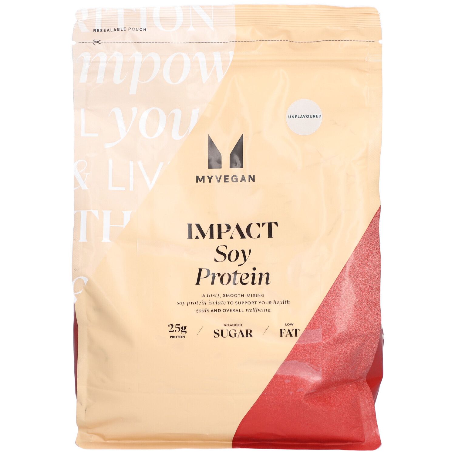 Busta beige con accento rosso. Stampa: MYVEGAN, IMPACT Soy Protein, senza sapore. Contiene 25g di proteine.