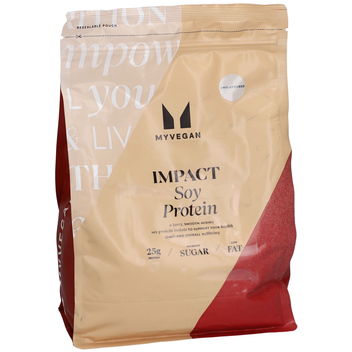 Busta beige con accento rosso. Stampa: MYVEGAN, IMPACT Soy Protein, senza sapore. Contiene 25g di proteine.