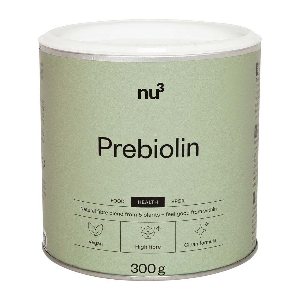 Barattolo verde con coperchio bianco. Scritta "nu3 Prebiolin". Contiene 300g. Vegano, ricco di fibre, 100% puro.