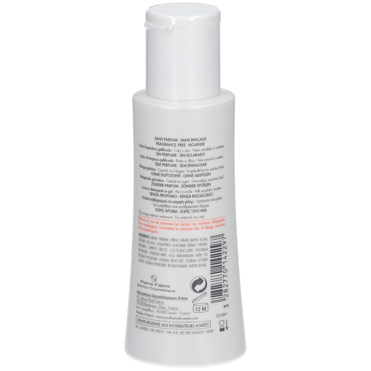 Flacone bianco con tappo a ribalta. Retro con testo. Senza profumo, senza risciacquo. Simbolo 12M.