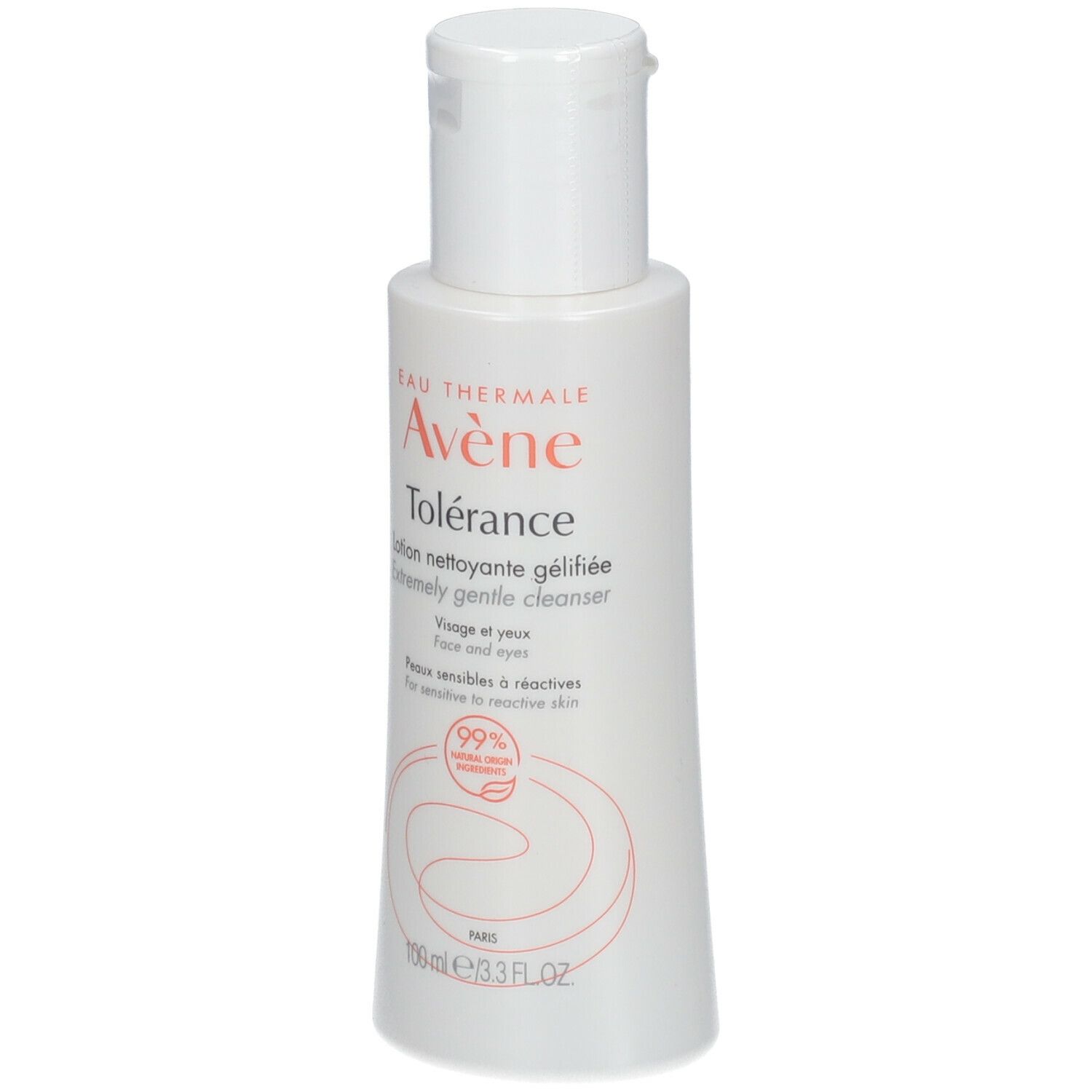 Flacone bianco con tappo a ribalta. Scritta: Eau Thermale Avène Tolérance. Per pelli sensibili. 99% ingredienti di origine naturale.