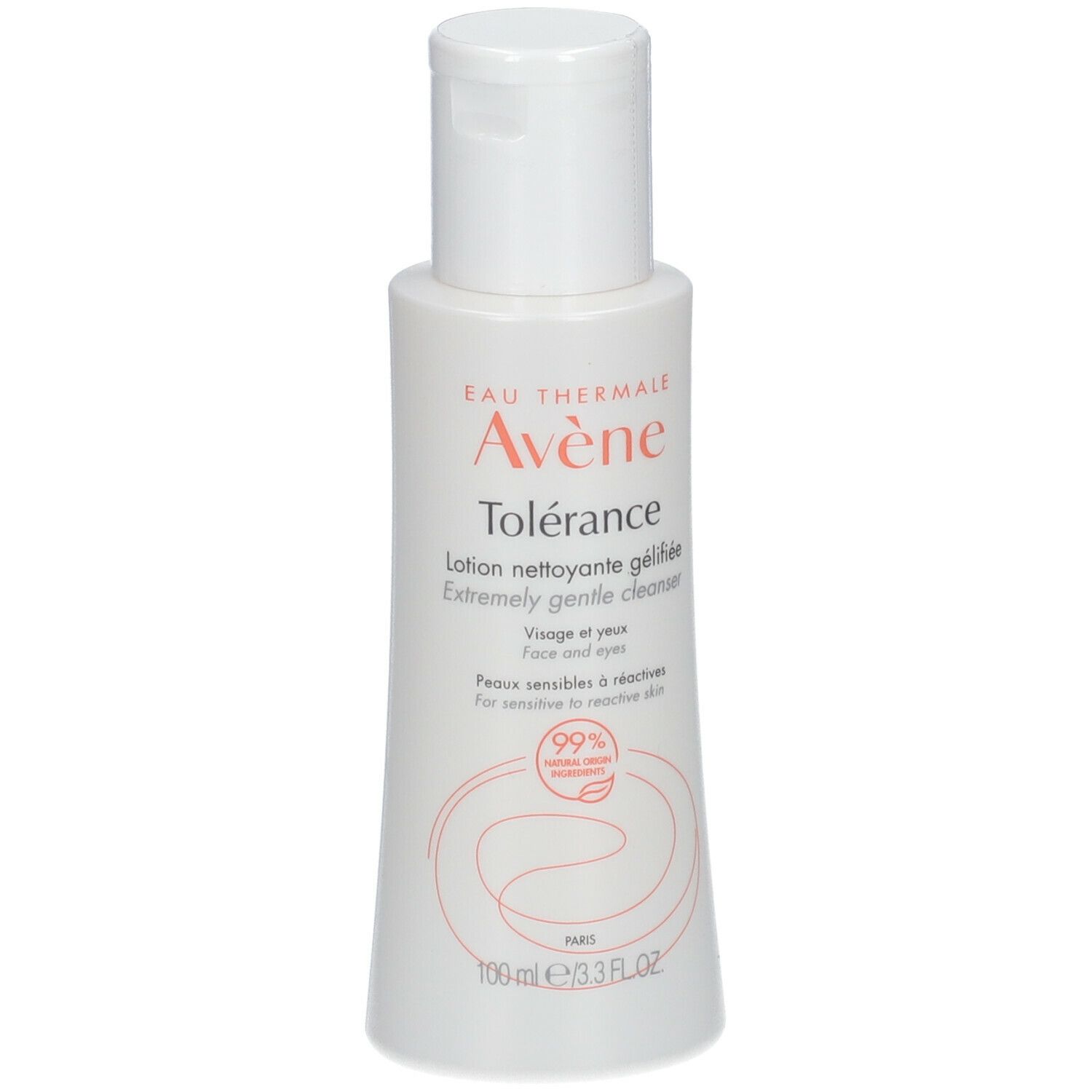 Flacone bianco con tappo a ribalta. Scritta: Eau Thermale Avène Tolérance. Per pelli sensibili. 99% ingredienti di origine naturale.