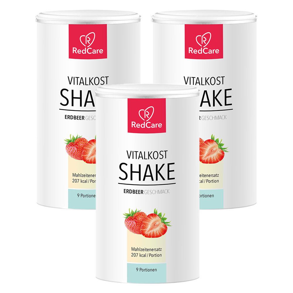 Tre barattoli di RedCare Vitalkost Shake gusto fragola. Barattoli bianchi con coperchio rosso e immagine di fragole.