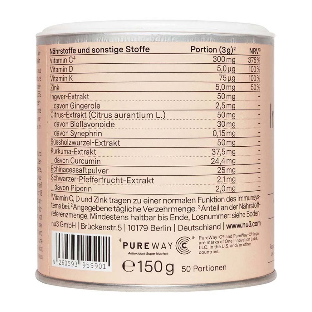 Retro del barattolo. Contiene informazioni nutrizionali e ingredienti. Marchio: Pureway. Peso: 150g, 50 porzioni.