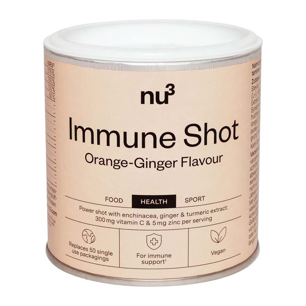 Barattolo beige con coperchio bianco. Scritta: nu3 Immune Shot Orange-Ginger Flavour. Contiene vitamina C e zinco.