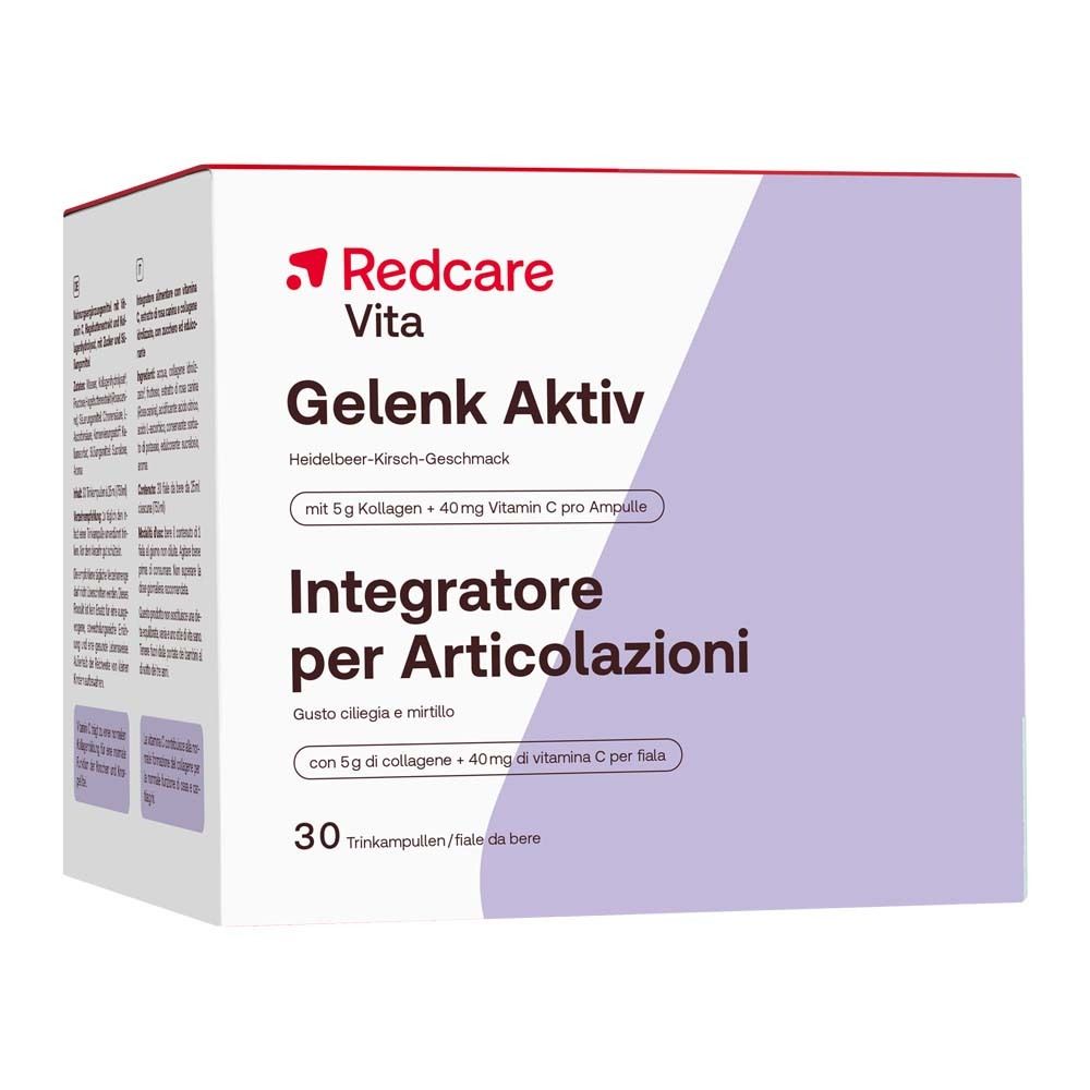 Confezione Redcare Vita Gelenk Aktiv con 30 flaconcini da bere. Contiene collagene e vitamina C.