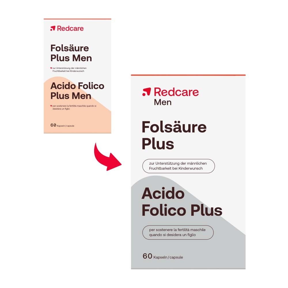 Una confezione di Redcare Folsäure Plus Men è mostrata accanto a una confezione più piccola, con una freccia che indica la confezione più grande.