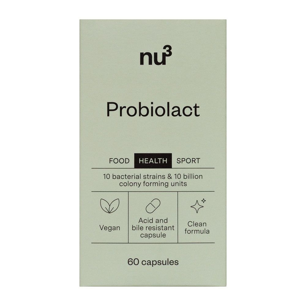 Scatola rettangolare verde con « nu3 Probiolact ». Contiene 60 capsule. Vegano, capsula resistente agli acidi e alla bile, formula pulita.