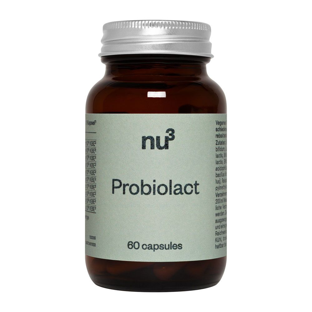 Flacone di vetro marrone con coperchio argentato. « nu3 Probiolact » con 60 capsule. Adesivo con ingredienti.