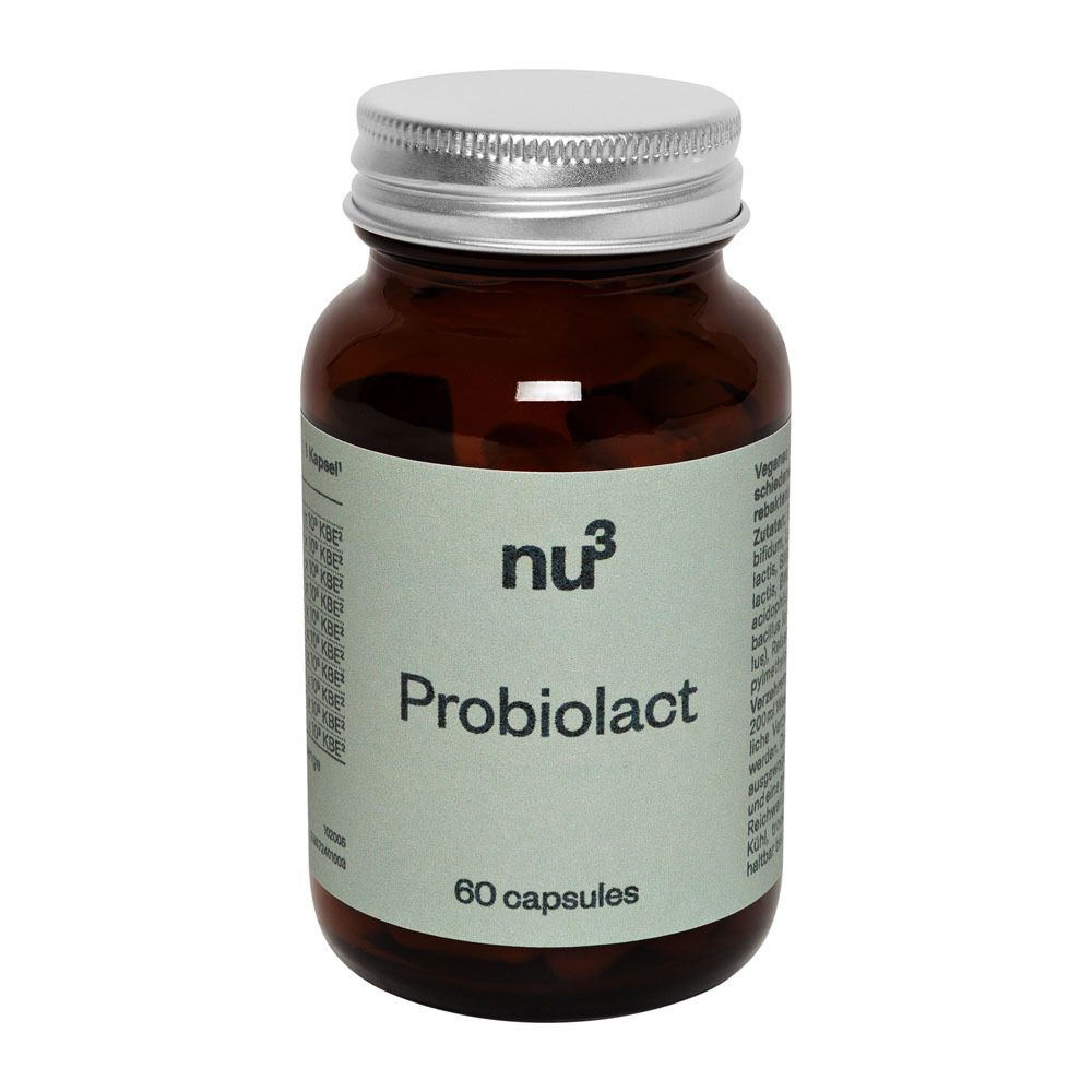 Flacone di vetro marrone con coperchio argentato. « nu3 Probiolact » con 60 capsule. Adesivo con ingredienti.