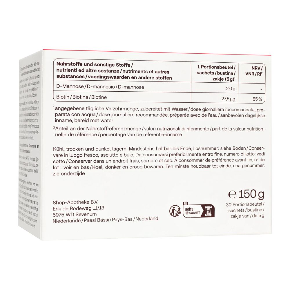 Retro della confezione Redcare Fem D-Mannose. Tabella nutrizionale e testo.