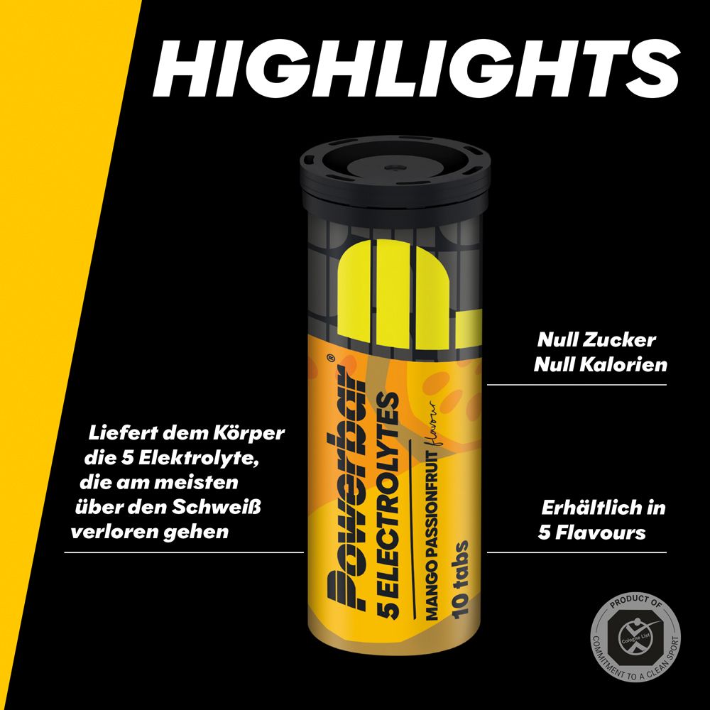 Confezione PowerBar 5 ELECTROLYTES. Gusto mango-frutto della passione, 10 compresse. Contiene 5 elettroliti. Senza zucchero, senza calorie. 5 gusti.