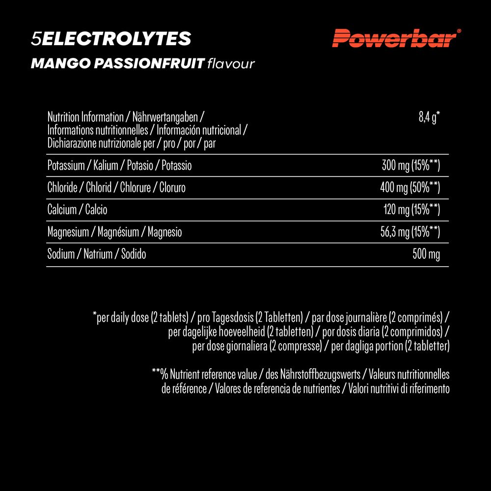 Informazioni nutrizionali PowerBar 5 ELECTROLYTES. Contiene potassio, cloruro, calcio, magnesio e sodio. Per dose giornaliera (2 compresse).