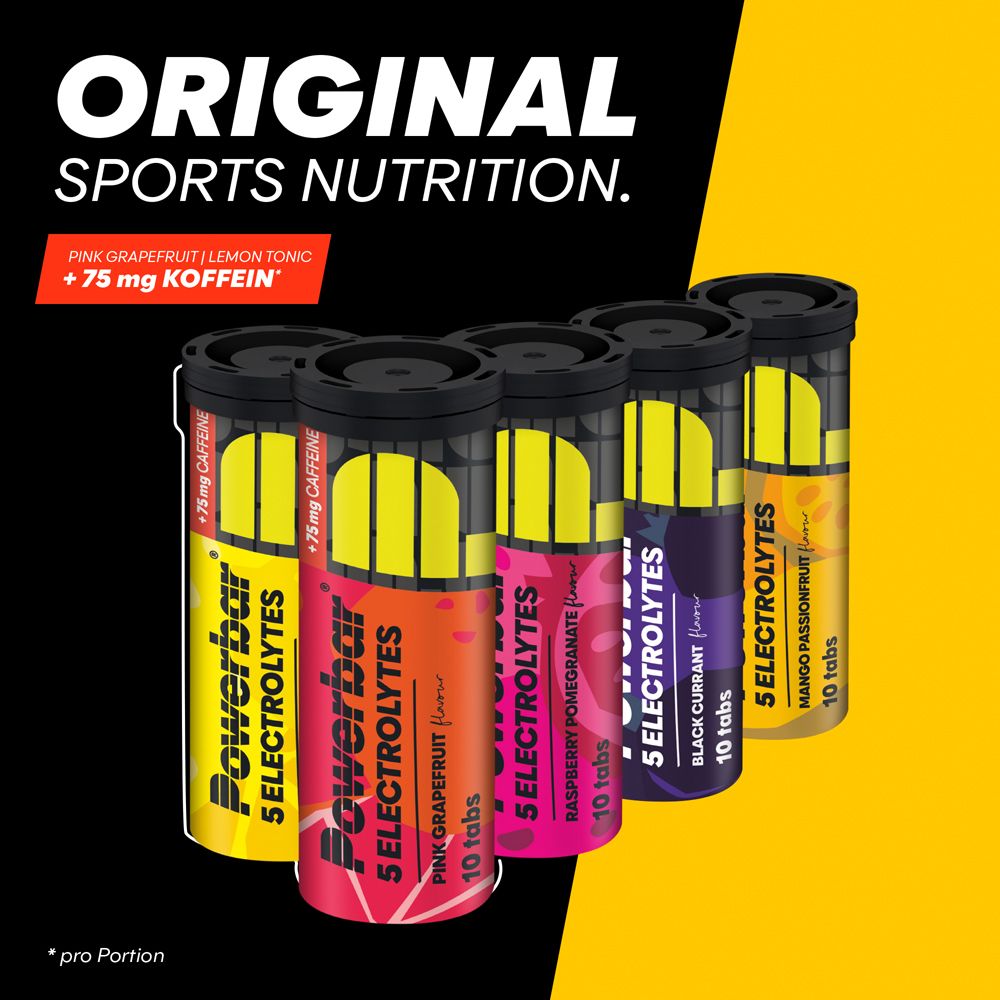Diverse confezioni Powerbar 5 Electrolytes. Diversi gusti. Confezione cilindrica con coperchio nero. Sfondo giallo.