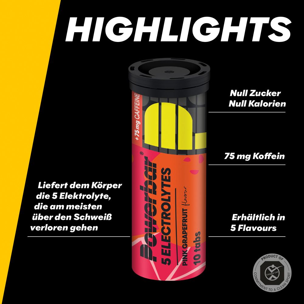 Powerbar 5 Electrolytes Pink Grapefruit. Confezione cilindrica con coperchio nero. Contiene 75 mg di caffeina. Senza zuccheri e calorie.